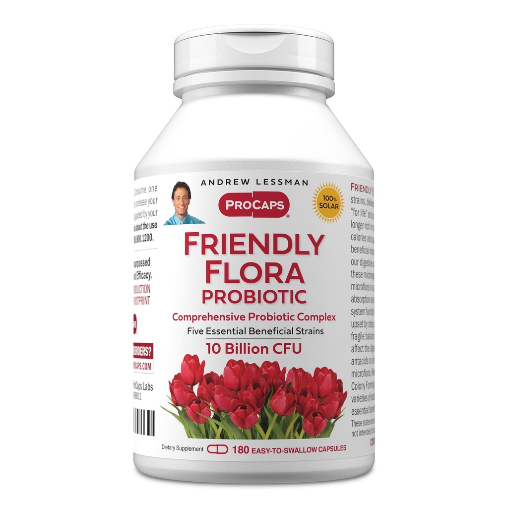 ANDREW LESSMAN Friendly Flora Probiotic 180 Capsules - 10 miljarder CFU, omfattande blandning av fem probiotiska stammar, kraftfull immun och matsmältningsstöd. Probiotika för kvinnor eller män