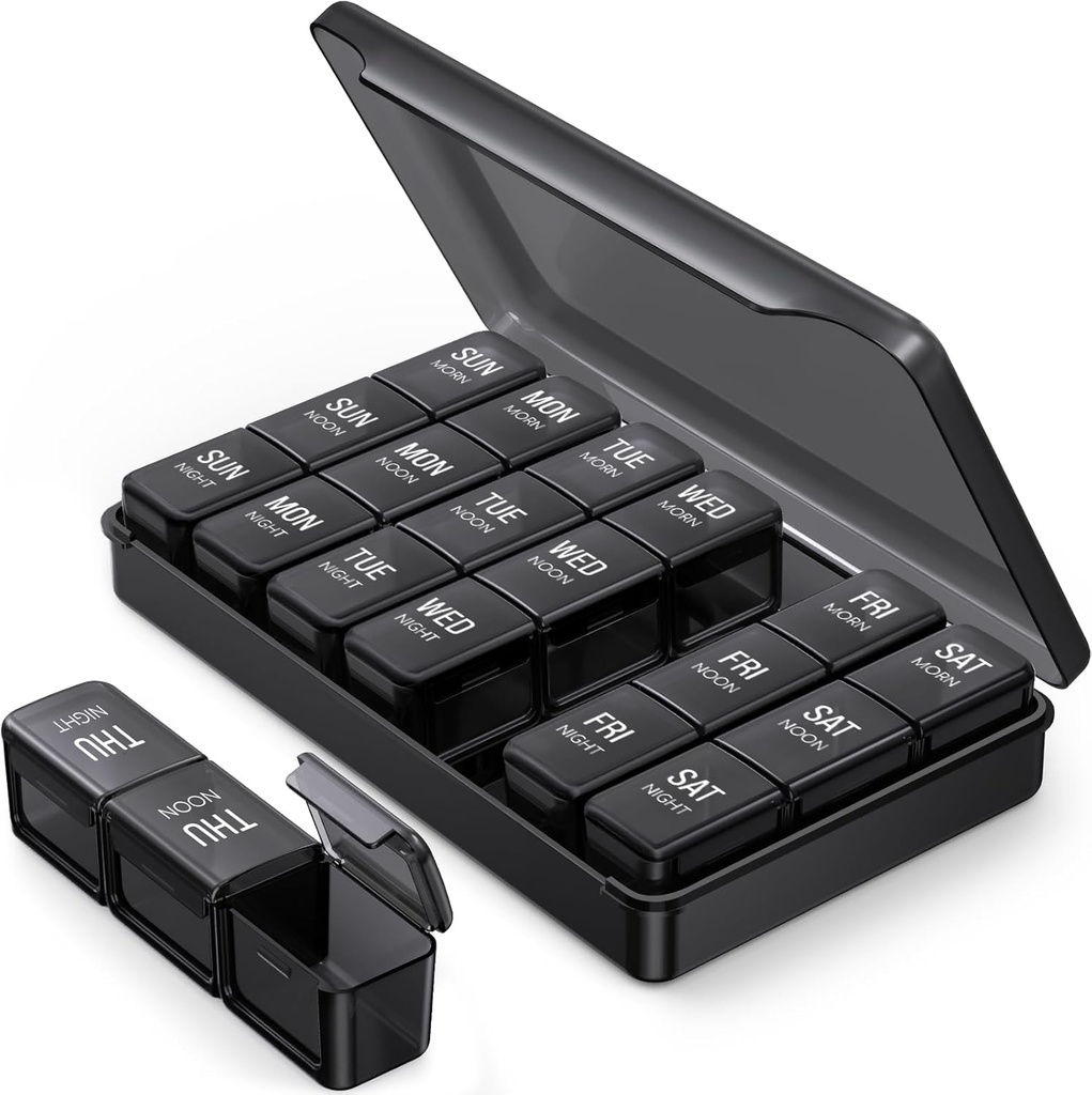 PULIV Pill Organizer 3 gånger om dagen i svart färg för integritetsskydd, portabel vecka Pill Box 7 Dag för resor, stor ljustät Pill Case för vitaminer, mediciner, kosttillskott och fiskoljor