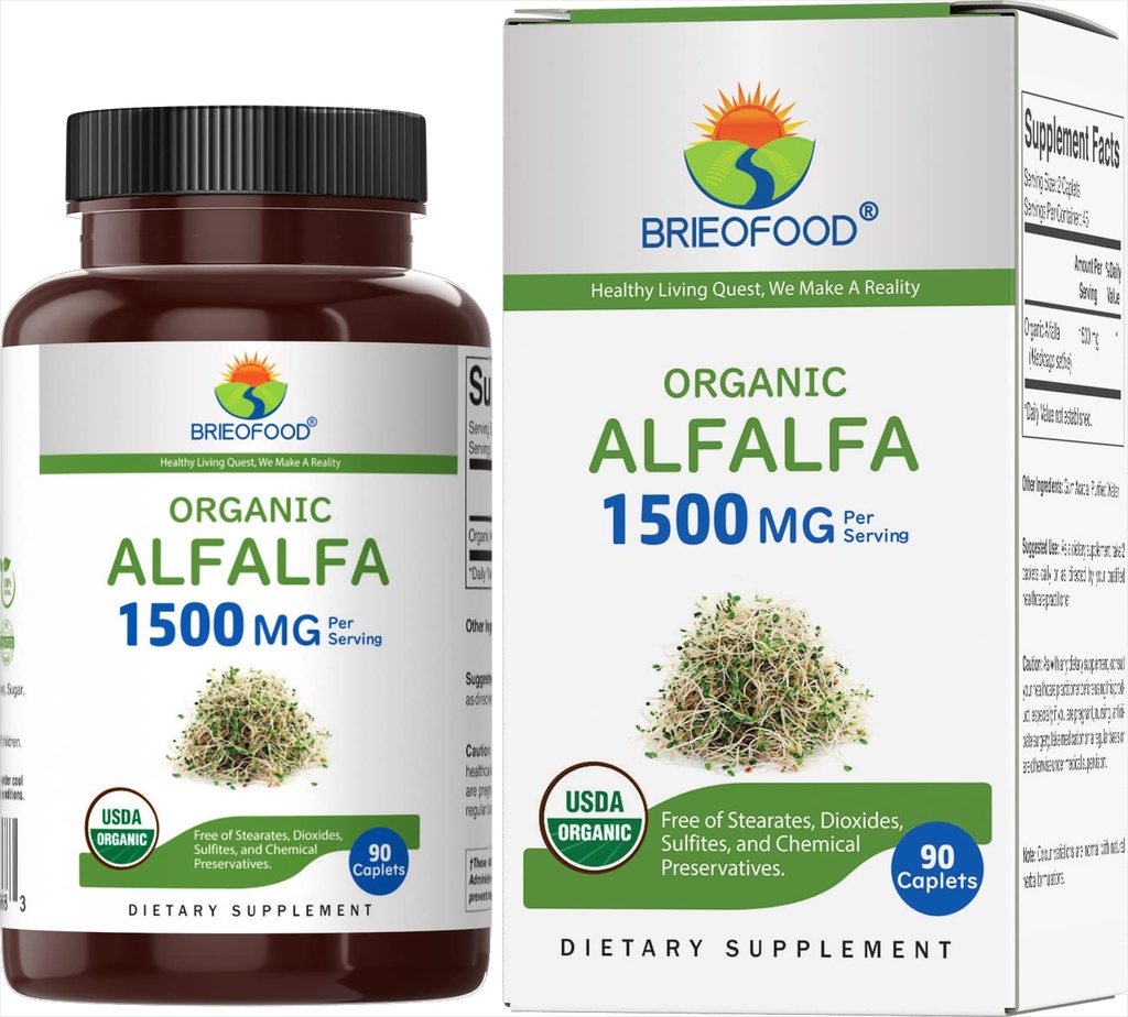 Brieofood Organic Alfalfa 1500mg, 45 portioner, vegetariska, glutenfria, 90 vegetariska tabletter