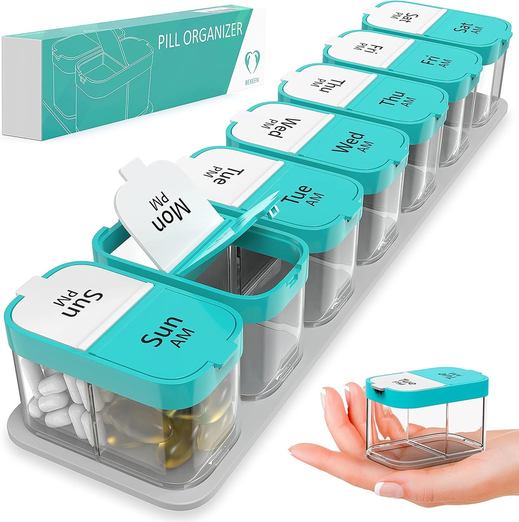 Extra stor Weekly Pill Organizer - XL Vitamin Holder med 7 Avtagbara AM PM-komponenter - Portable Medicine Dispenser för hem och resor, Big Supplement Container för veckovis eller daglig användning, Mint