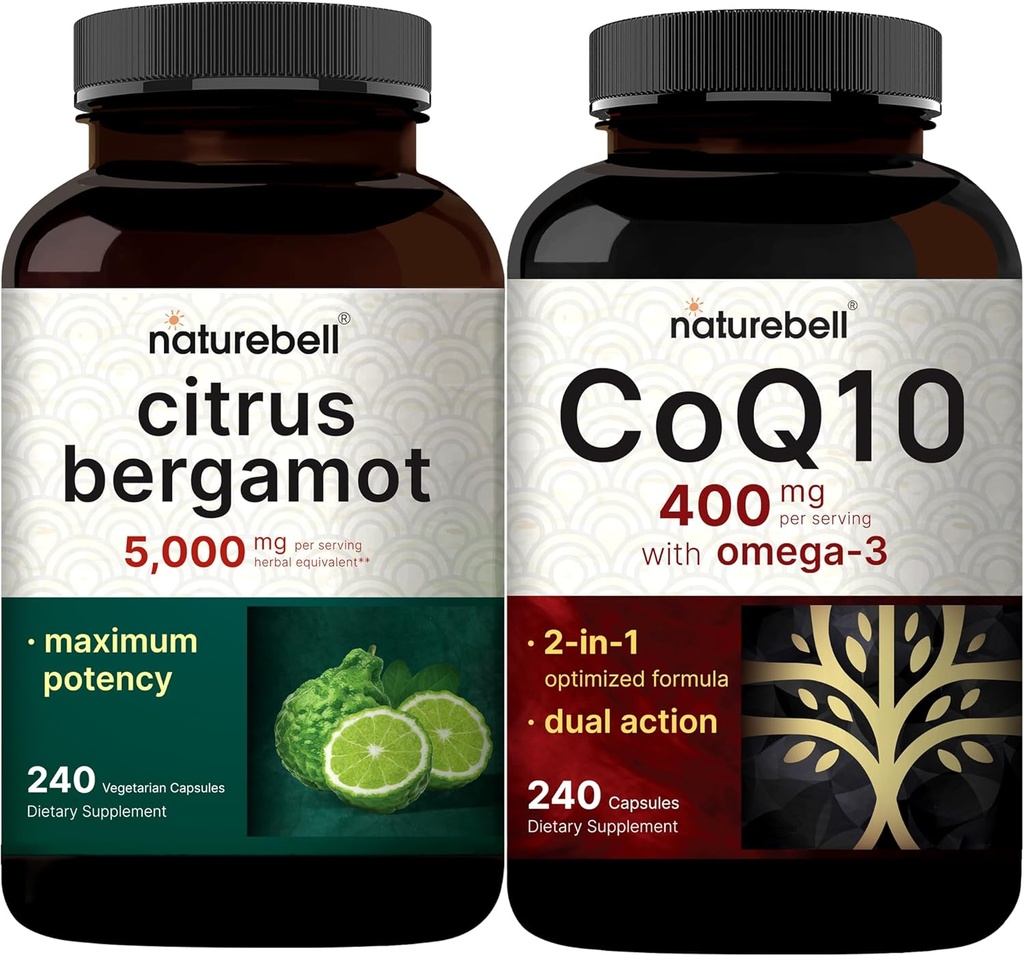 NatureBell CoQ10 400mg kapslar med Omega 3 fettsyror & Citrus Bergamot Veggie kapslar 5,000 mg Equivalent Bundle Pack | Stabil hög absorptionsform | Hög antioxidantnivå