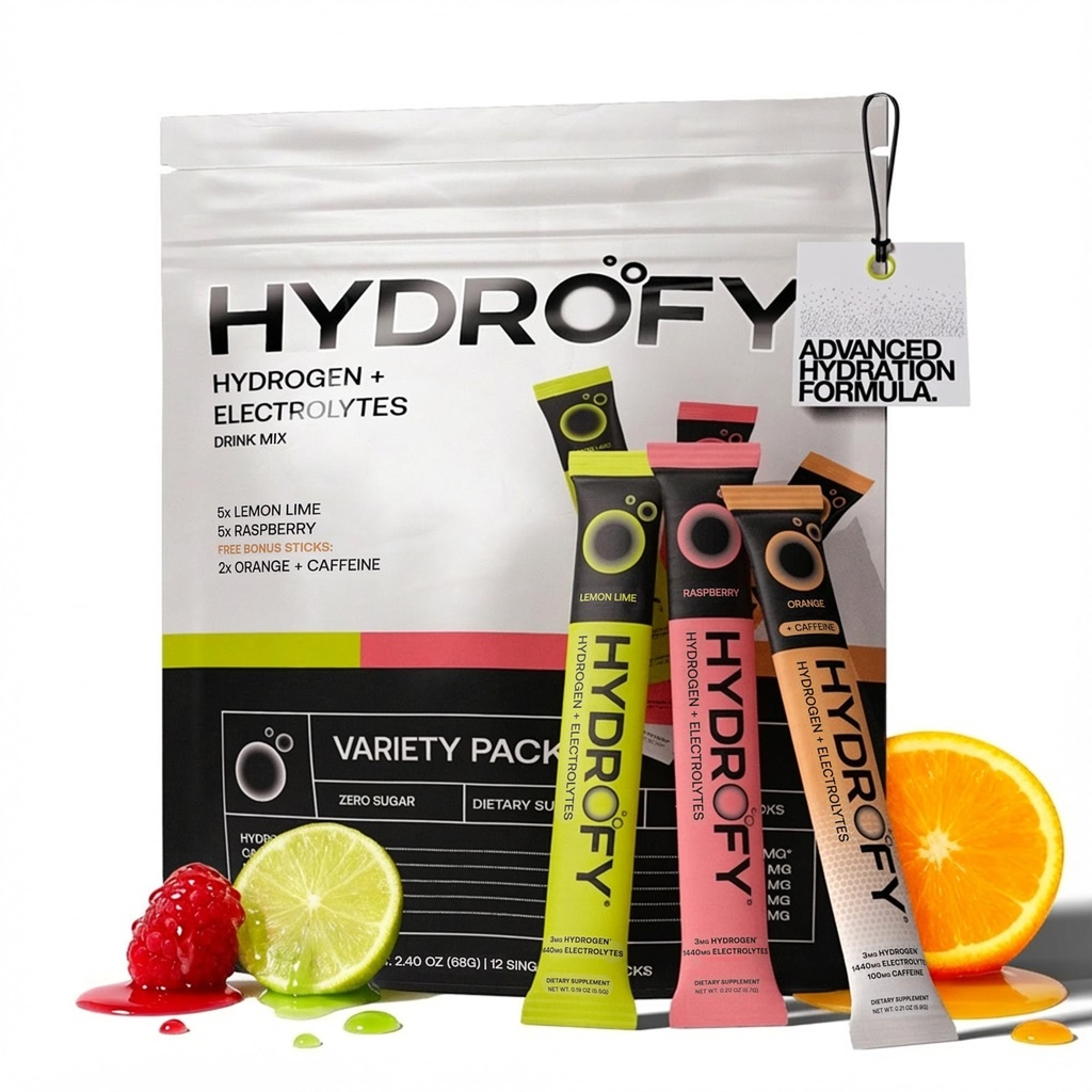 Hydrofy Hydrogen Water + Electrolytes Drink Mix - Variety Pack | H2 Hydration Packets med molekylärt väte, natrium, kalium, magnesium | Lemon Lime, Raspberry, Orange + koffein | 12 greve