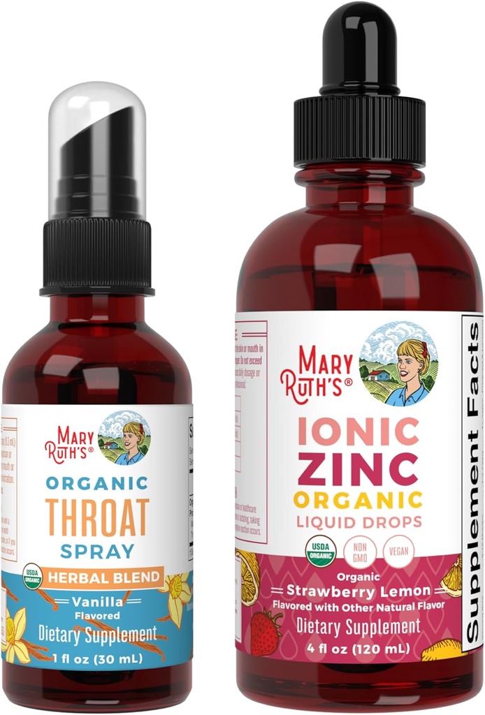 MaryRuth Organics Throat Spray (Vanilla) & Zinc Drops (Strawberry Lemon) | USDA Organic, Clean Label Project Verified® | Vitamins for Throat Relief, Immunity & Overall Health | Vegan, Non-GMO