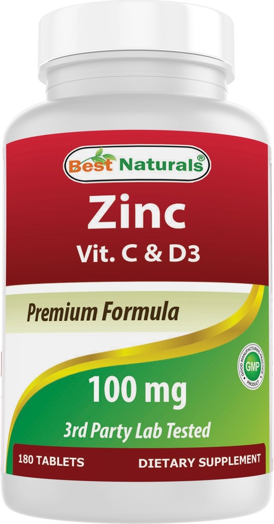 Bästa naturliga Zink 100 mg med vitamin C & D3 180 tabletter Gluten Gratis och icke-GMO