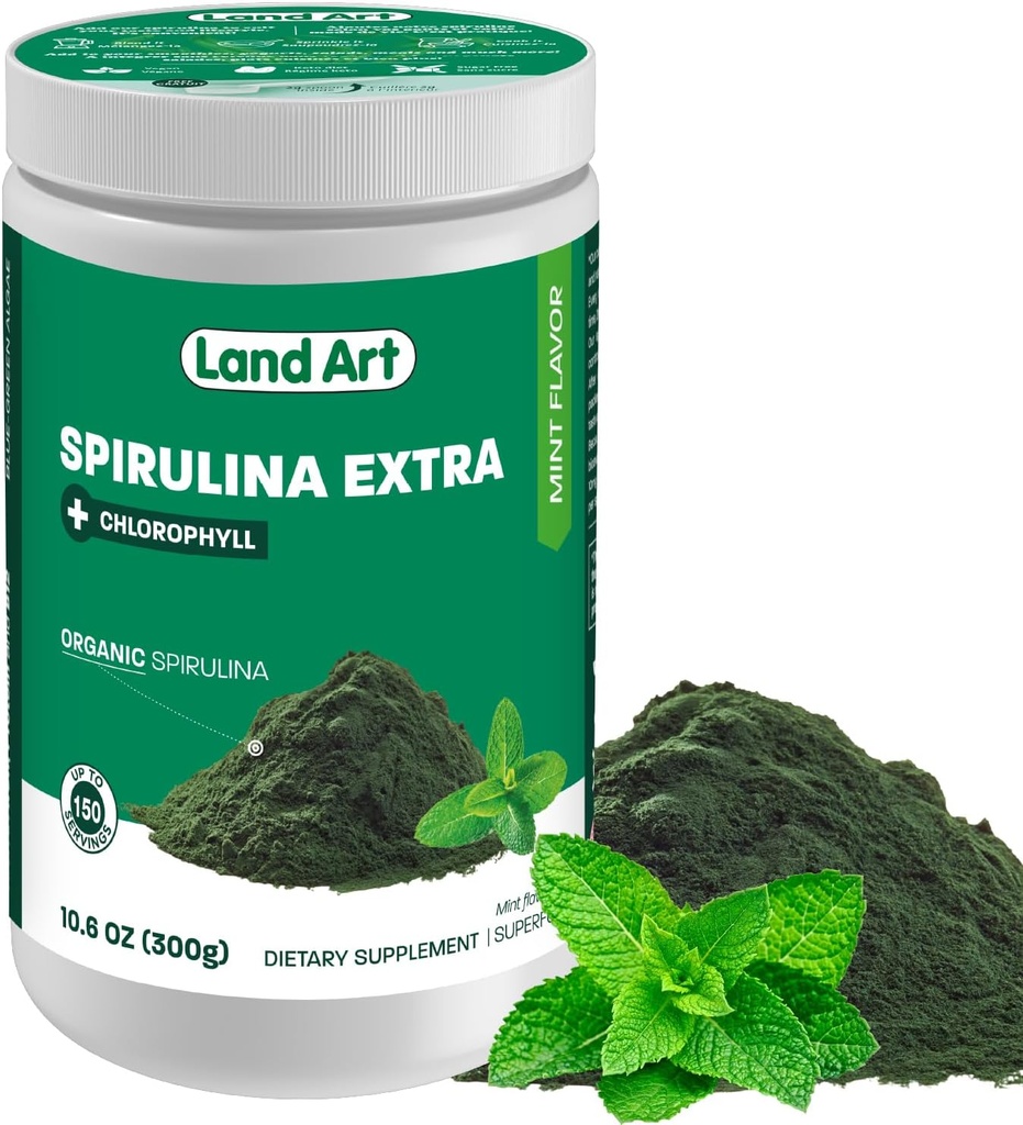 Land Art Organic Spirulina Extra Pulver - Mint smaksatt - 100% ren - 75 portioner - Superfood - Bra smak och bra lukt - 10% Bioaktiv klorofyll - Kraftfull källa av antioxidanter