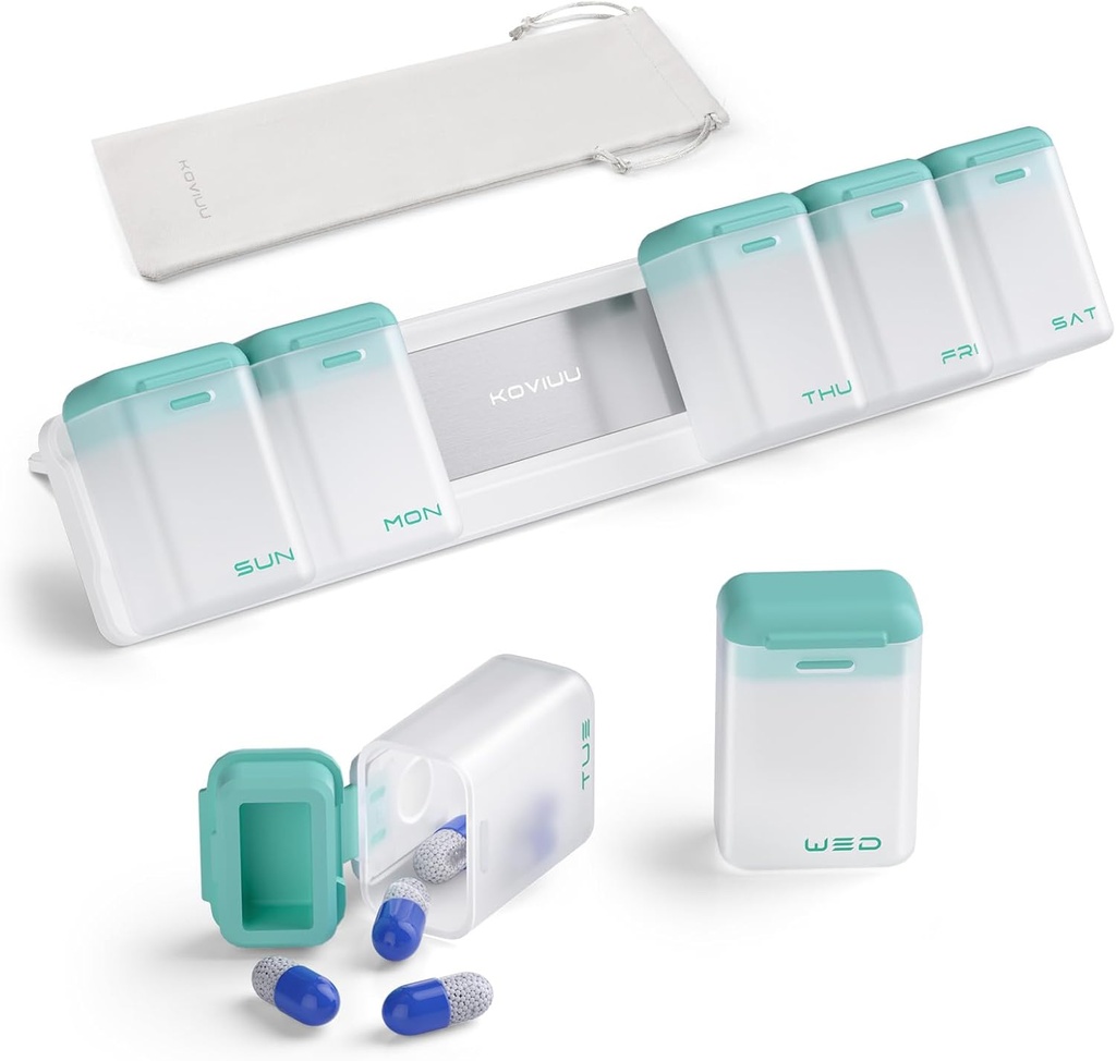 Weekly Pill Organizer 1 gång om dagen, Magnetic Pill Box 7 Day, Removable Travel Pill Case, Once Daily Pill Holder Container, Large Medication Dispenser for Medicine, Vitamin, Supplement, Turkos