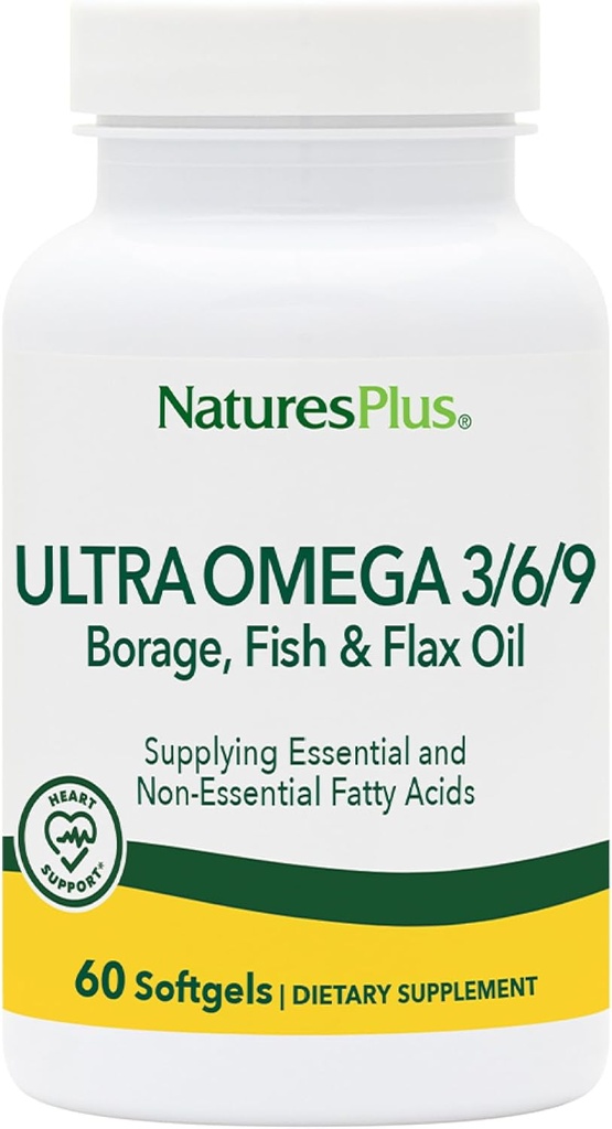 Natures Plus Ultra Omega 3 6 9-1200 mg, 60 Softgels - Borage Oil, Fish Oil, Flax Oil Supplement, Gluten-Free - 60 portioner