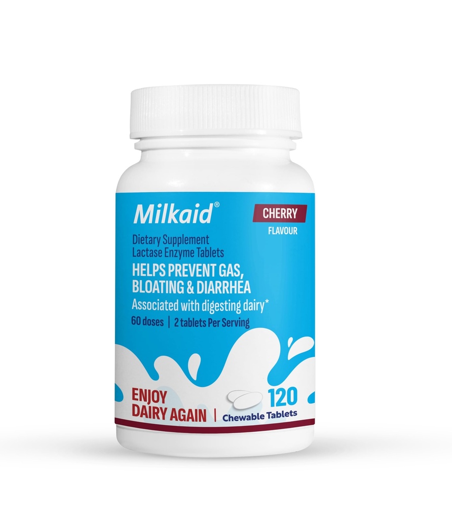 Milkaid Lactase Enzyme Chewable Tablets for Lactose Intolerance Relief | Förhindrar Gas, Bloating & Diarrhea | Fast Acting Dairy Digestive Supplement (120 tabletter, Cherry)