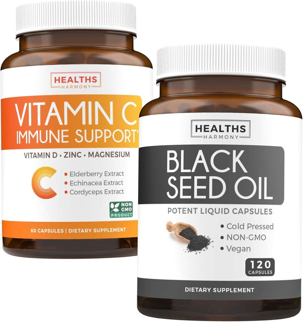 Black Seed & Vitamin C (2-månaders leverans) Komplett försvar Immun Bundle of Black Seed Oil - Nigellia Sativa Cold-Pressed Cumin Seed (120 Capules) & Vitamin C Immune Support (60 Vegetariska tabletter)