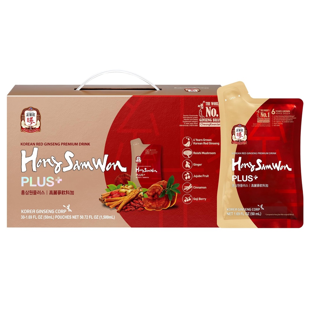 HongSamWon Plus Korean Red Ginseng Premium Drink | Energidryck, Pre Workout, Herbal Tea | Korean Red Ginseng Extract 360mg, Reishi Mushroom, Ginger, Cinnamon, Gojiberry | Vegan Friendly | 30 Count