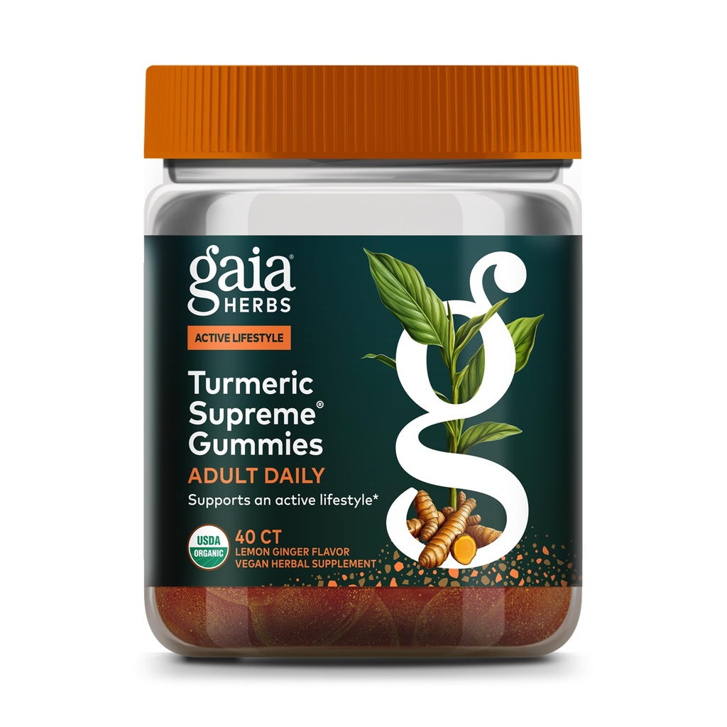 Gaia Herbs Turmeric Supreme Adult Daily Gummies-Daily Swelling Support för hälsosamt, aktivt liv-USDA-certifierat organiskt blandning av gurkmeja och stödjande örter-40 gummies (20-dagars leverans)