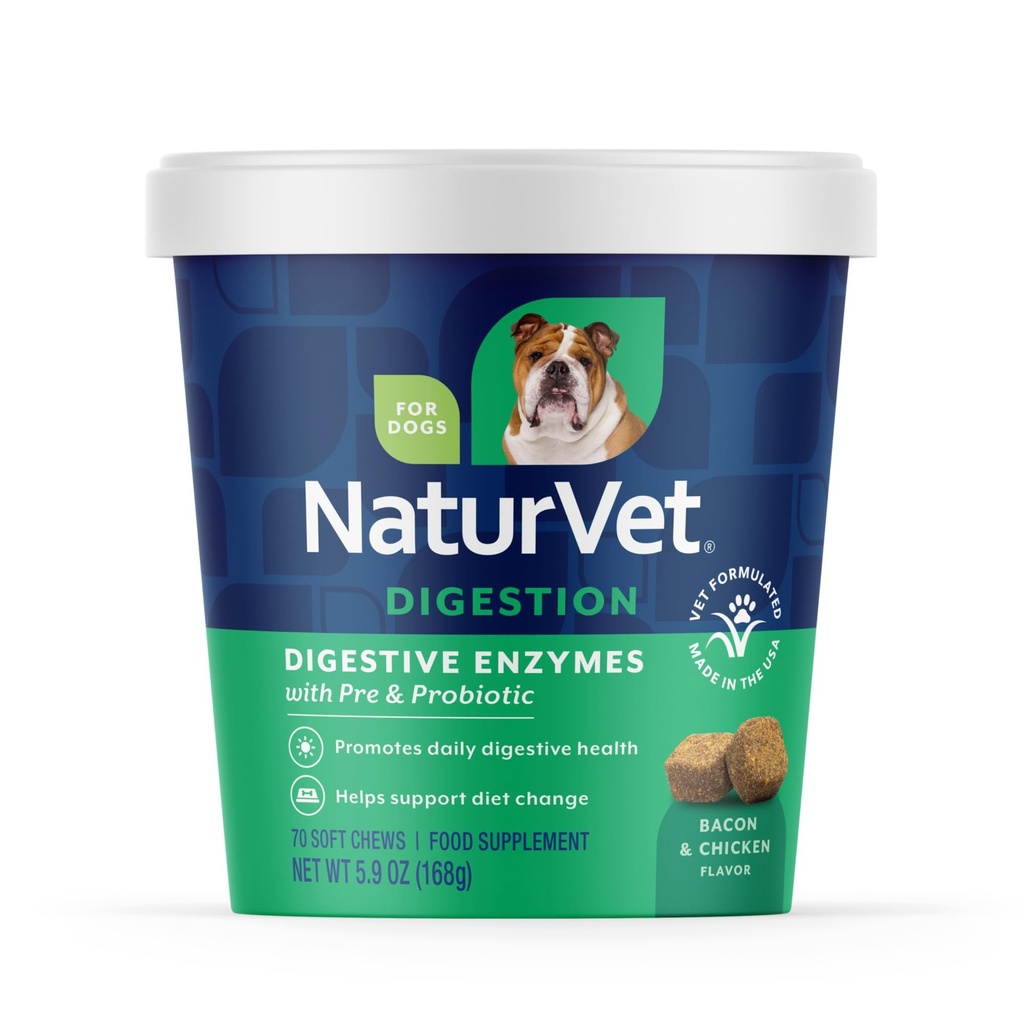 NaturVet - Digestive Enzymes - Plus Probiotics & Prebiotics - hjälper till att stödja dietförändring och ett hälsosamt matsmältningsorgan - för hundar (mjuka Chews, 70 Count)