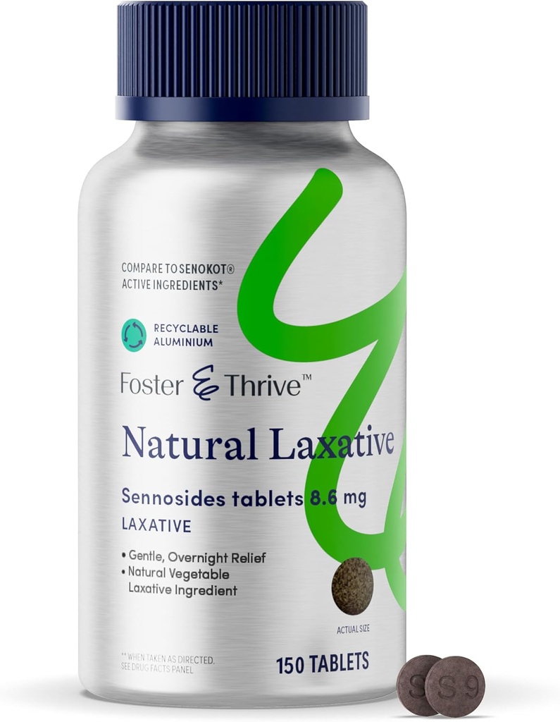 Foster & Thrive Senna Laxative, 150 tabletter, naturliga vegetabiliska ingredienser, dag och natt tarmhjälp för förstoppning, uppblåsthet, oregelbundenhet, jämförbar med Senokot- SS S