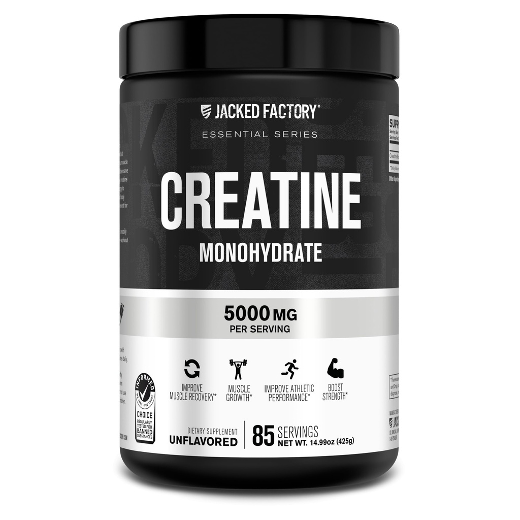 Jacked Factory Creatine Monohydrate Powder 425g - 5g Daily Creatine Supplement för män och kvinnor, Vegan-Friendly, Tredjepartstestade - 85 portioner, Unflavored