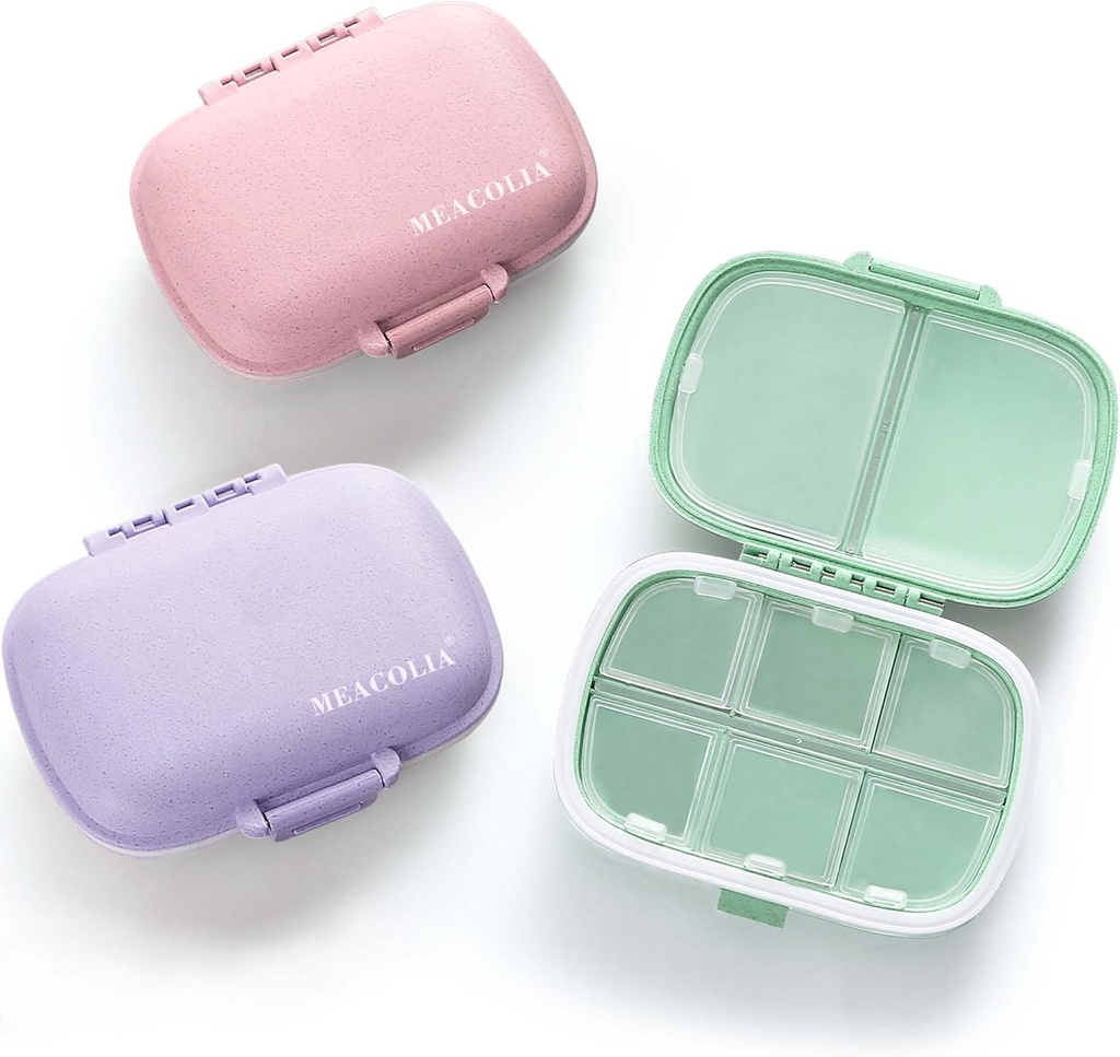 MEACOLIA 3 Pack 8 Compartments Travel Pill Organizer, Daily Pill Case Small Pill Box för Pocket Purse, Portable Pill Container Medicine Vitamin Organizer (Purple, Green, Pink)