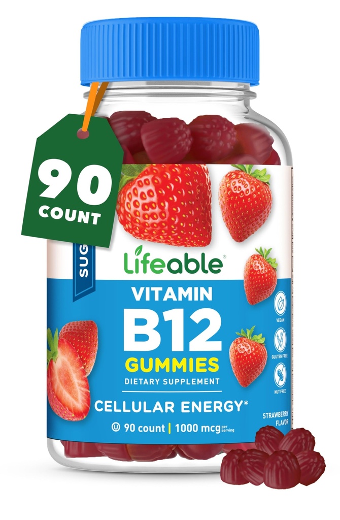 Lifeable Sugar Free Vitamin B12 Gummies | 1000 mcg | Great Tasting B12 Vitamins Gummies | Energy, Mood, and Metabolism Support | B 12 Vitamin Gummies for Men, Women, Adults | 90 Gummies