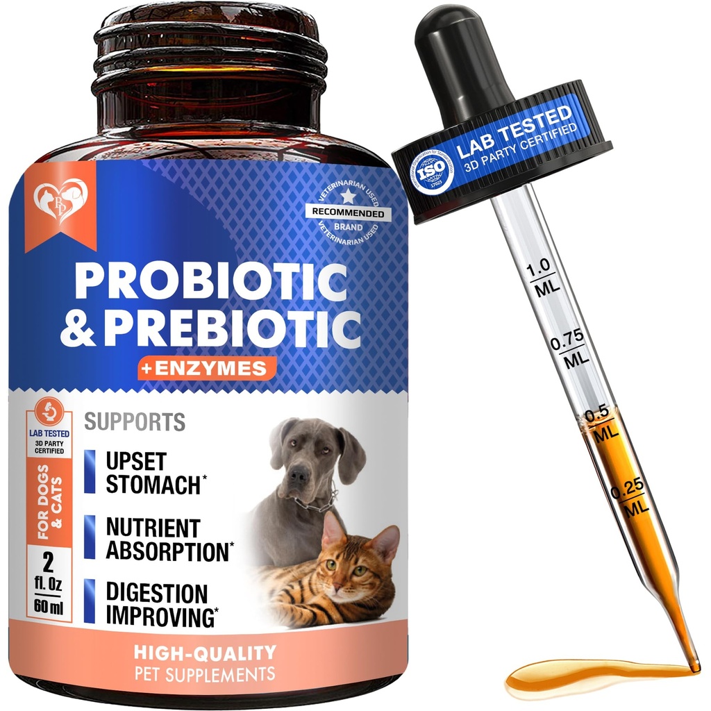 Probiotika & Prebiotika med enzymer för hundar och katter - Digestive Gut Flora Health Pet Food Supplements - Förstoppning & Diarré och Gas Home Remedy - Upprörd magbefrielse - Tillverkad i USA