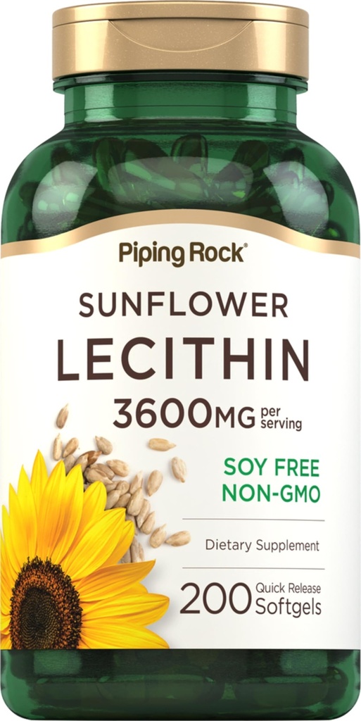 Piping Rock Sunflower Lecithin Softgel Capsules | 3600 mg | 200 greve | från Phosphatidylcholine | Soy Free, Non-GMO, Gluten Free