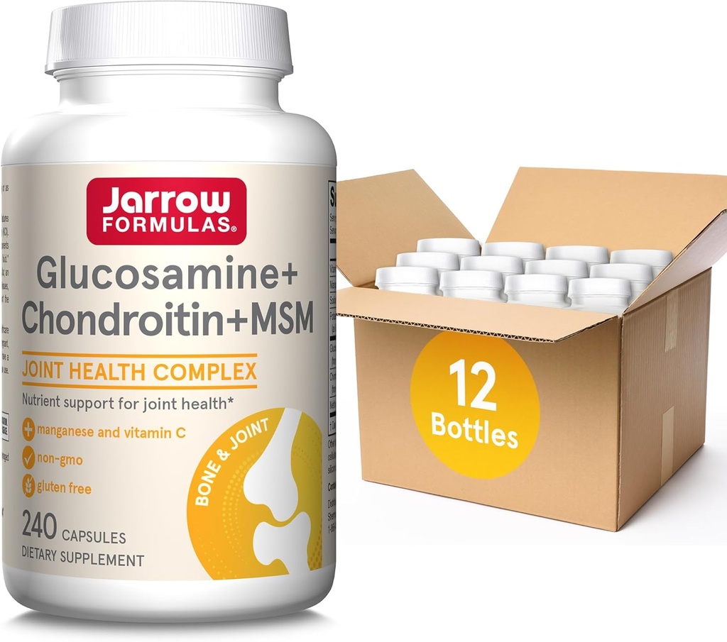 Jarrow Formulas Glucosamine + Chondroitin + MSM Capsules, Joint Support Supplement med vitamin C och Manganese, 240 kapslar, 60 Day Supply, Pack 12
