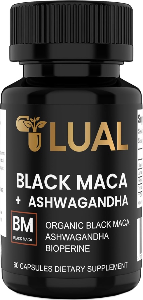 LUAL 30.000mg 30x Strength Organic Black Maca Root med Ashwagandha - Högsta Potency Black Maca Root Capsules för Män - 100% Pure Maca Peruana Powder Organic, Gelatinized, Non-GMO - 60 Pills
