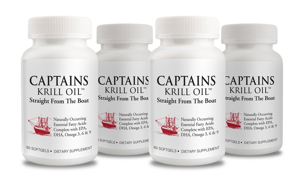 Captains Pure Antarctic Krill Oil Softgels | Omega 3 EPA, DHA med Astaxanthin & Phospholipids | Inga tillsatser eller kemikalier | 1000mg per portion, 60 kapslar, 4-Pack