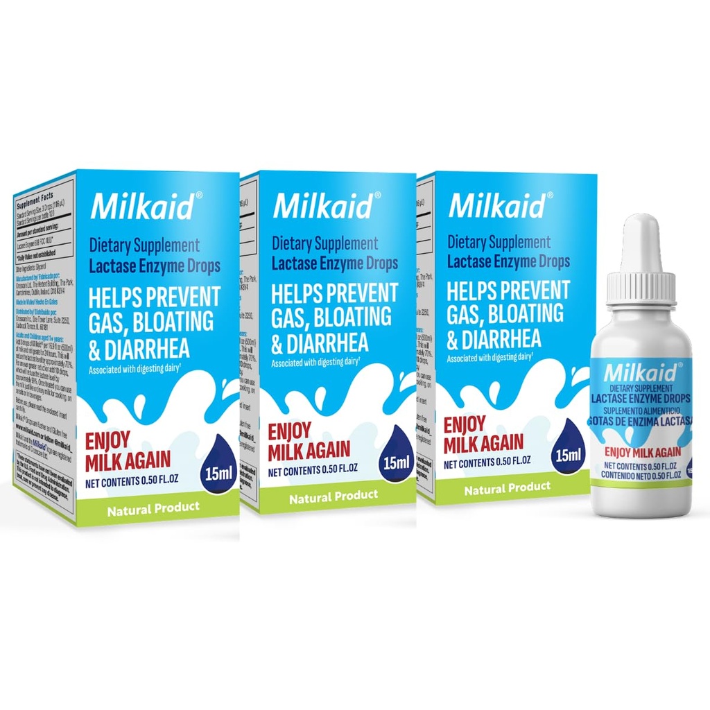 Milkaid Lactase Enzyme Drops for Lactose Intolerance | Förhindrar Gas, Bloating & Diarrhea | Fast Acting Dairy Digestive Supplement | Gluten Free & Vegetarian | Ingen artificiell smak | 0,5 Fl Oz (3)