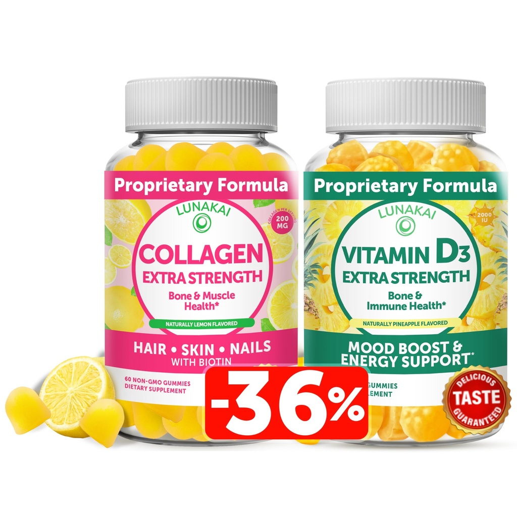 Lunakai Collagen och vitamin D3 Gummies Bundle - Icke-GMO Anti Aging Supplements for Men & Women - Immunity, Bone and Mood Support Gummy for Adults - 30 Days Supply