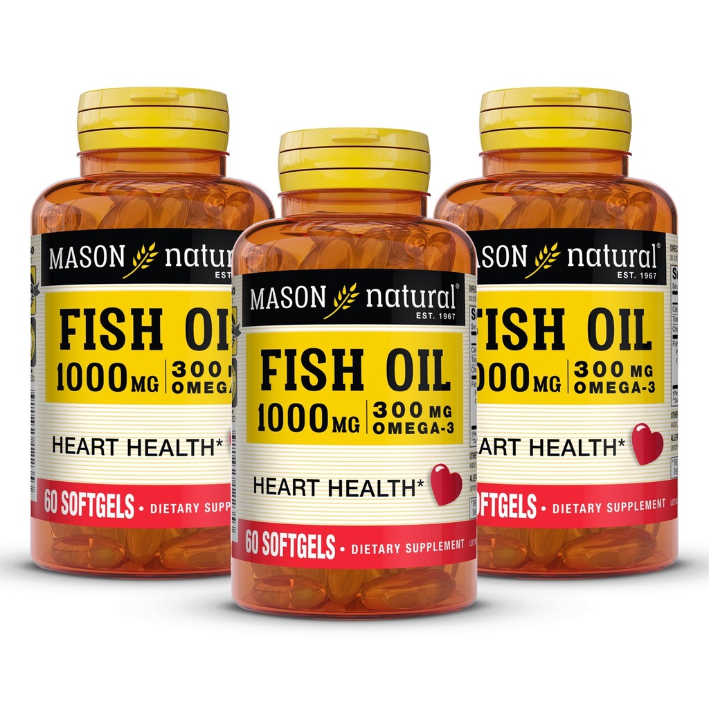 MASON NATURAL Omega,3 Fish Oil, 180,Day Supply, 1000mg med EPA och DHA för gemensamt stöd, 60 Softgel Pills (3 Pack)