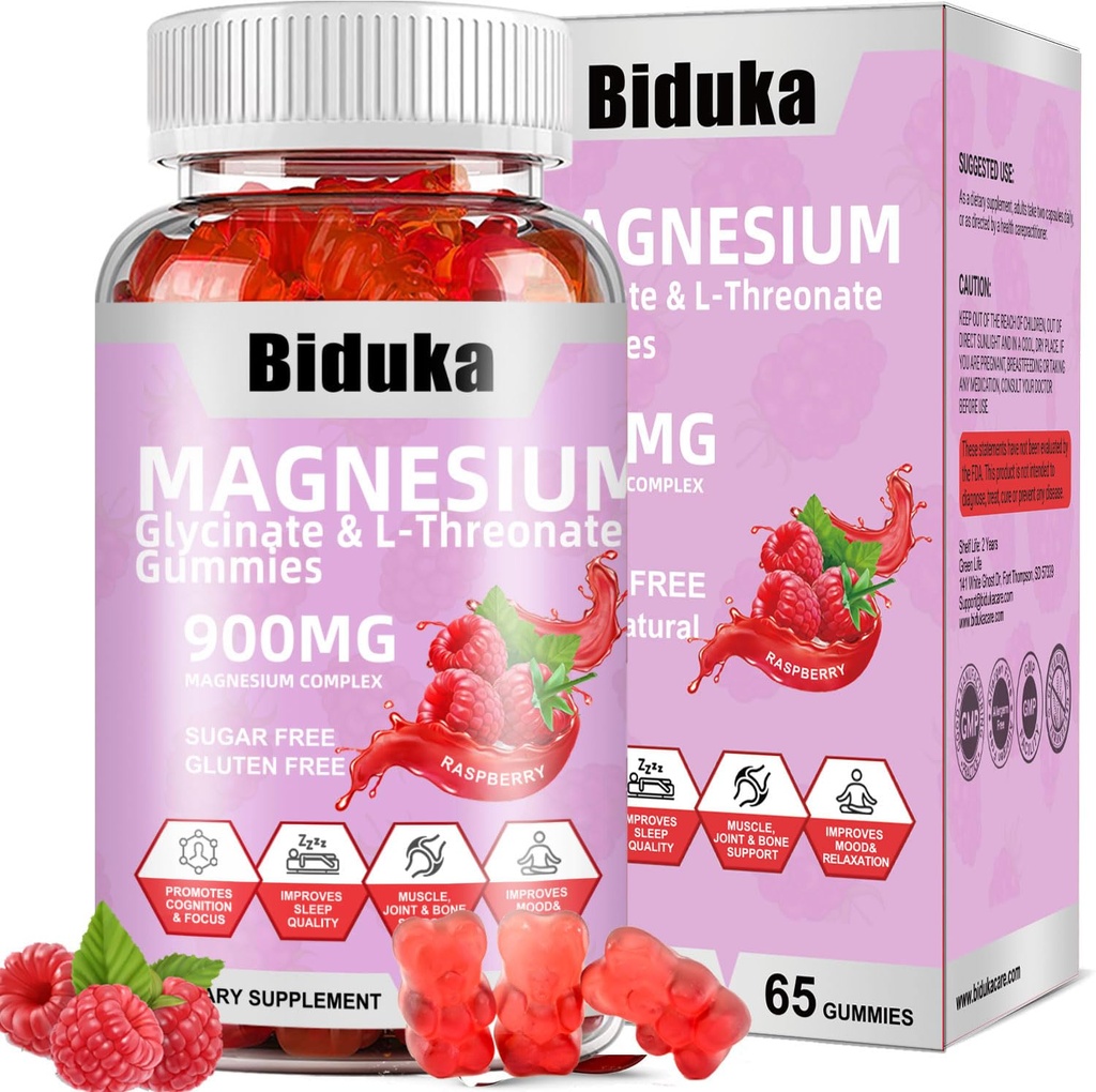 900mg Magnesium Komplex 65 Raspberry Gummies, Sugar Free Magnesium Glycinate & L-Threonate Kalium Supplement med vitamin D, B6, Q10 för avkoppling