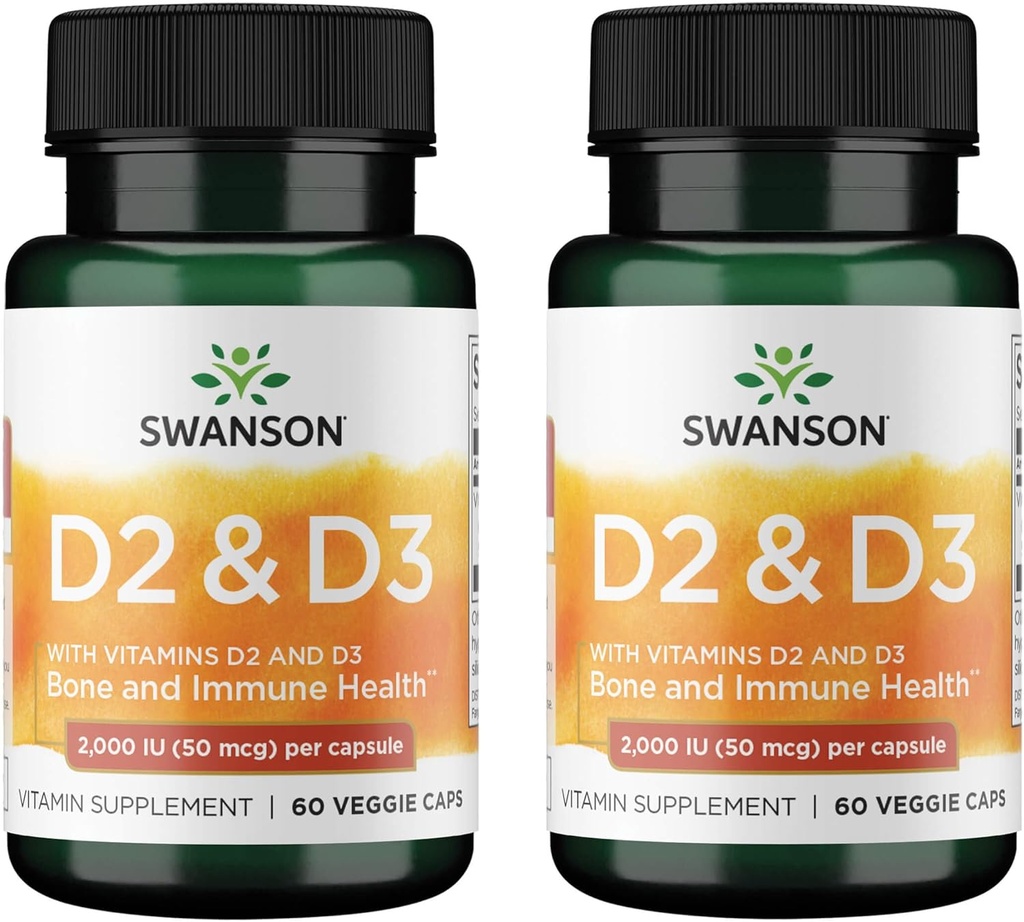 Swanson Vitamin D Complex med vitamin D2 & D3 - Komplett Sunshine Vitamin Complex för ben, Dental & Immune Health - Vitamin Supplement (50 mcg, 60 Veggie Capsules) (2 Pack)