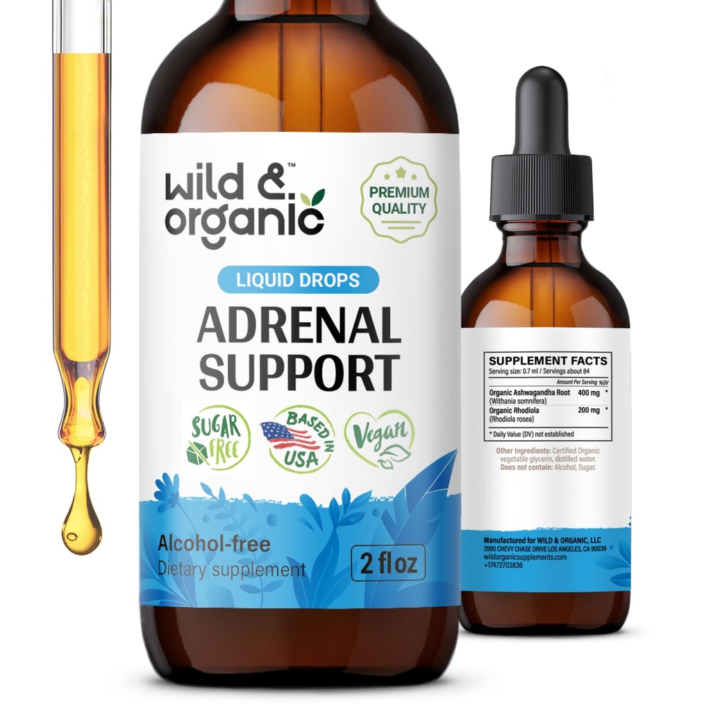 Wild & Organic Adrenal Support Tincture för positiv Outlook - Adrenal Complex med Ashwagandha, Rhodiola Rosea Root - 1-månaders leverans - Vegan, No Sugar & Alkohol - 2 fl oz