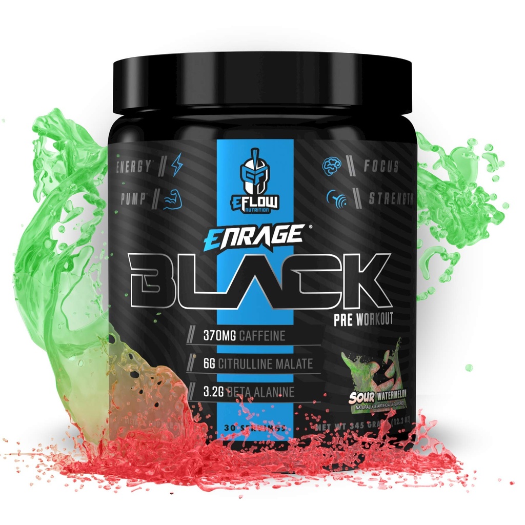 eFlow Nutrition Enrage Black High Stimulant Pre Workout Supplement - Preworkout Powder to Boost Energy, Pumps and Strength - 4 Flavors (30 Servings) (Sour Watermelon)
