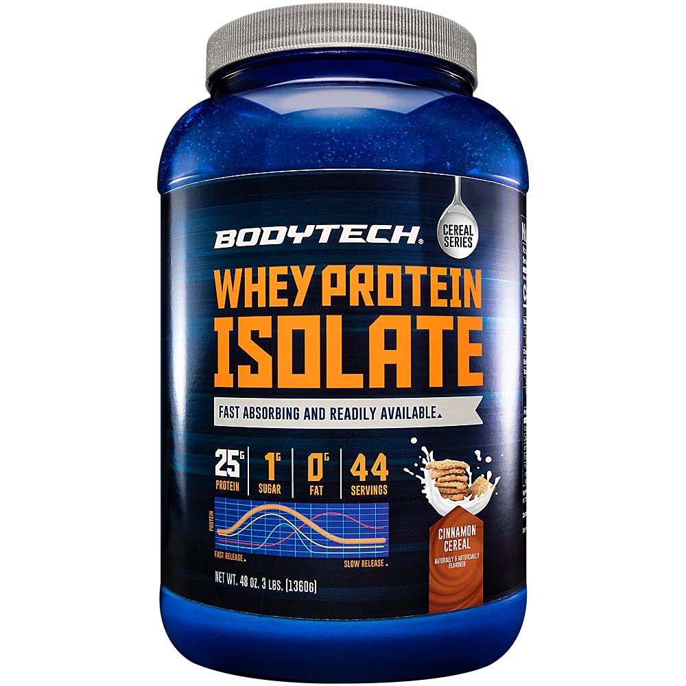 BODYTECH Whey Protein Isolate Powder - med 25 Grams Protein per Serving & BCAA: s - Perfekt för Post-Workout Muscle Building & Growth, Innehåller mjölk och soja - Cinnamon Cereal (3 pund)