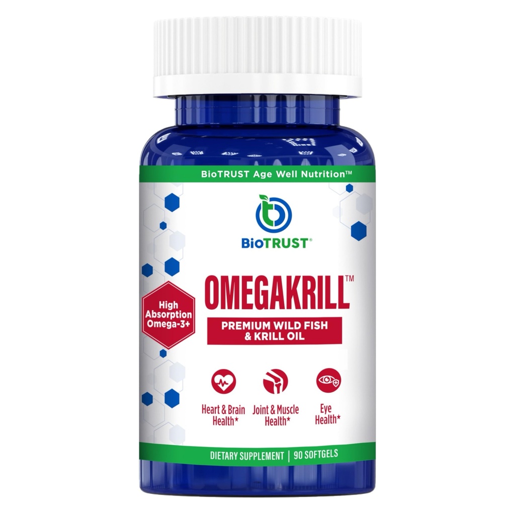 BioTrust OmegaKrill EPA & DHA Omega 3 Supplement, Fish and Krill Oil för att ge stöd för gemensamma, hjärta, hjärna, ögon och hud (30 portioner)
