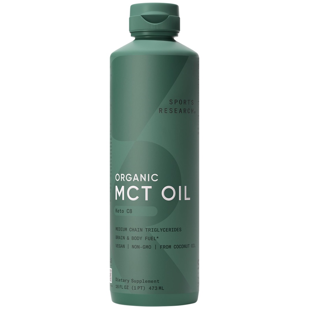 Sportforskning Keto MCT Olja från organiska kokosnötter - fettsyra bränsle för kropp + hjärna - Enkel ingrediens C8 Caprylic Acid - Perfekt i kaffe, te och mer - Icke-GMO & Vegan - Osmakad (16 Oz)