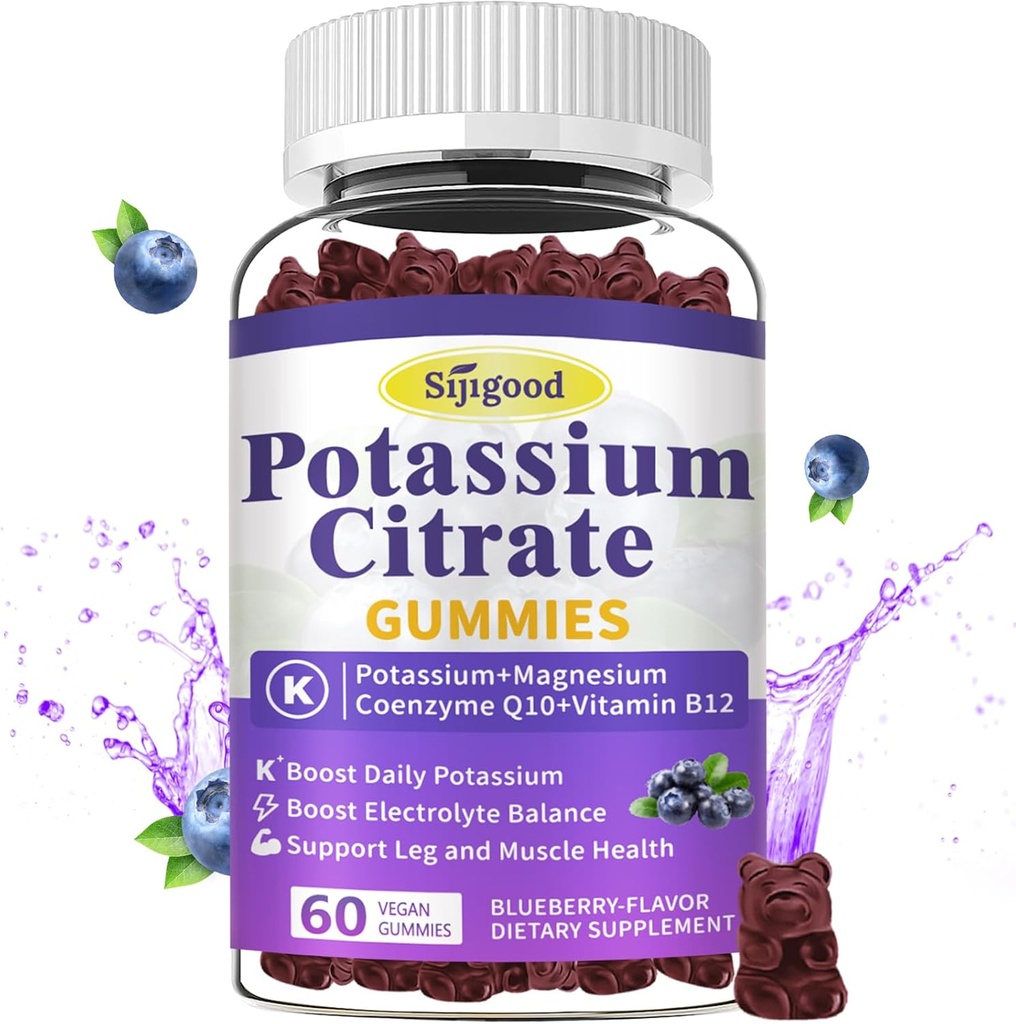 Kaliumcitrat Gummies - Kaliumtillskott för muskelhälsa, Leg Cramp Relief & Electrolyte Balance, Vegan, Non-GMO, Gluten-Free, Blueberry Flavor, 60 Count