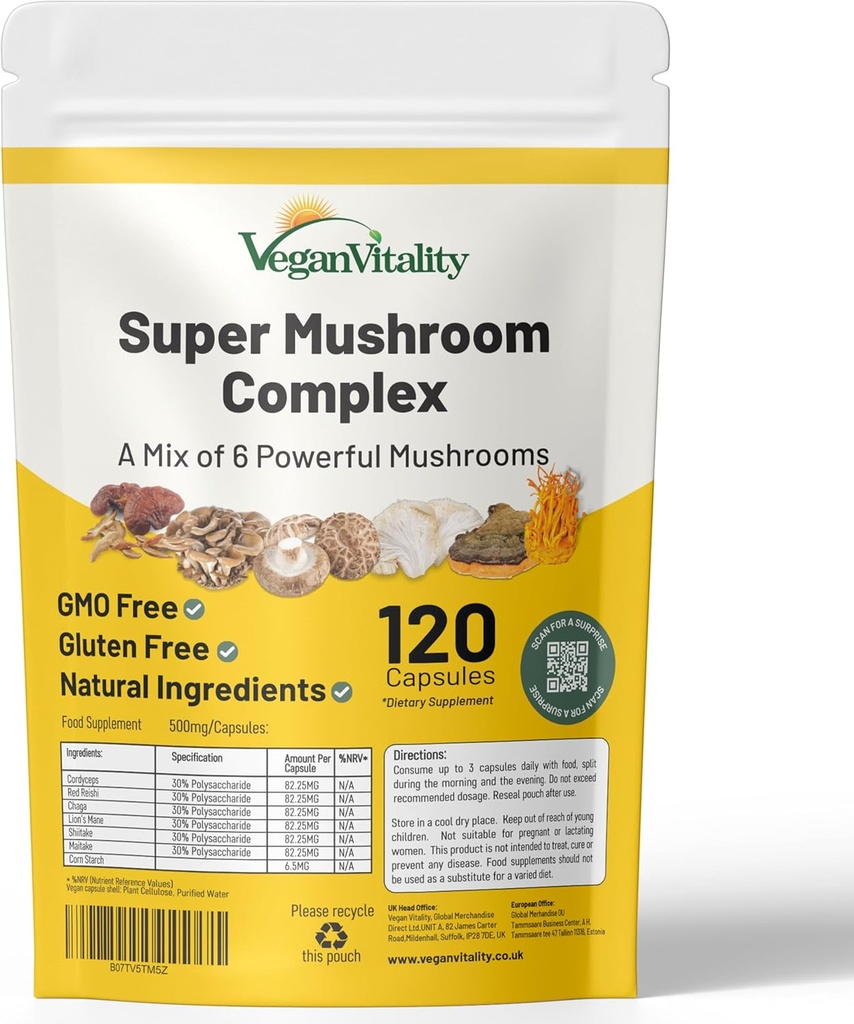 Vegan Vitality Multi Mushroom Supplement Complex - 120 kapslar med Reishi, Chaga, Shitake, Maitake, Lion's Mane och Cordyceps för hjärna, energi, fokus och minnesstöd