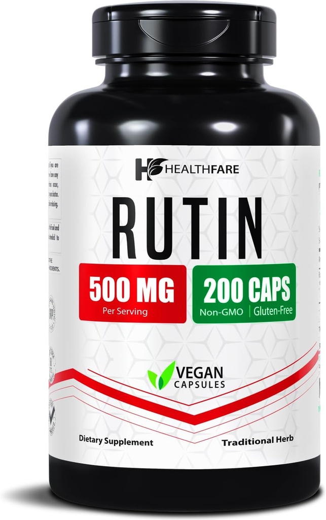 Healthfare Rutin Supplement 500mg | 200 Vegan Capsules | Natural Bioflavonoid Formel | Extra Styrka Antioxidant Support | Non-GMO, Gluten-Free | Made in USA