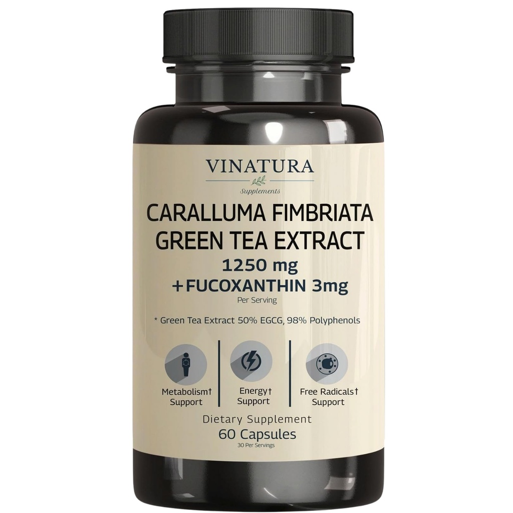 VINATURA Caralluma Fimbriata, EGCG 45% extrakt 1250mg + Fucoxanthin 3mg per servering *USA Made & Tested * för immunstöd, energi och mental fokus - 60 kapslar 30 portioner