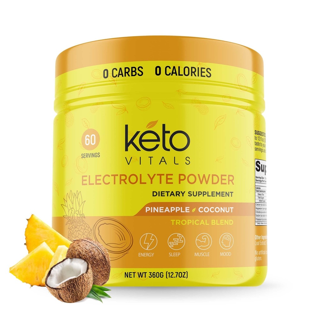 Keto Vitals Electrolytes Powder - Sugar Free Keto Electrolytes Powder med kalium, magnesium, natrium och kalcium - No Sugar Electrolyte Drink Mix & Hydration Powder, 60 portioner, Pineapple Coconut