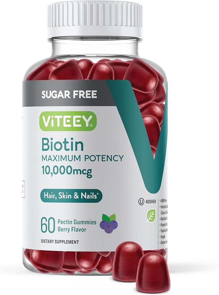 Viteey Biotin Gummies for Hair, Skin och Nails 10.000mcg - Sugar Free - Hair Growth Gummies, Healthy Skin Glow, Strong Healthy Nail Growth - Vegan, Gluten Free, Gelatin Free Tasty Berry Flavor