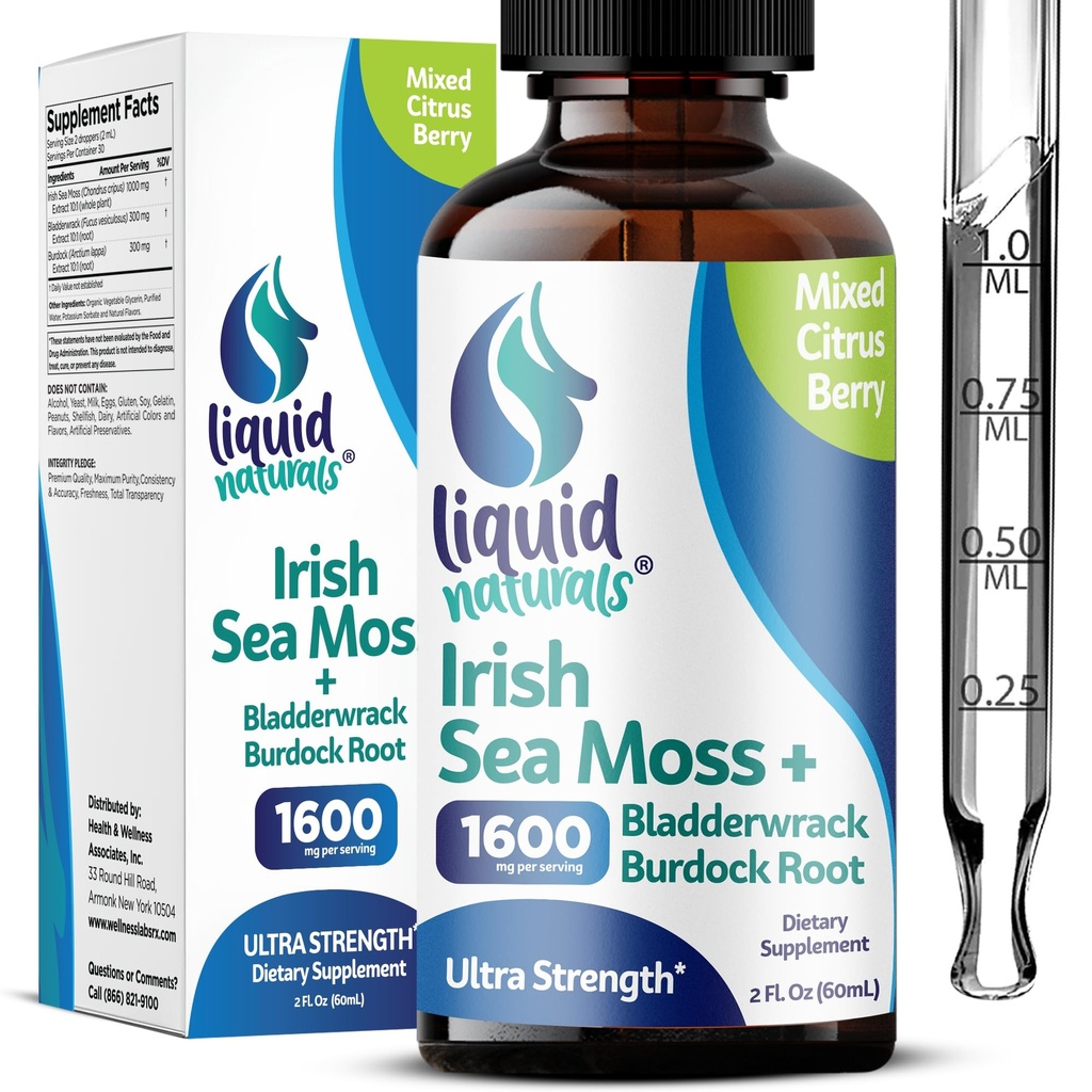 Irländska Sea Moss Drops - Citrus Berry Flavor - 92 + Essential Minerals & Vitaminer - Energy, Skin, Gut, Recovery - Bladderwrack och Burdock Root - 2 fl. oz