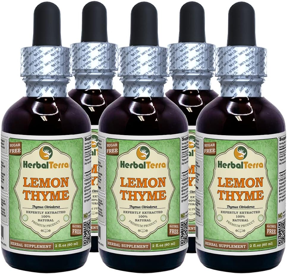 Lemon Thyme (Thymus x Citriodorus) Glycerit, Organic Dried Herb Alcohol-Free Liquid Extract (Brand Name: HerbalTerra, Proudly Made in USA) 5x2 fl.oz (5x60 ml)