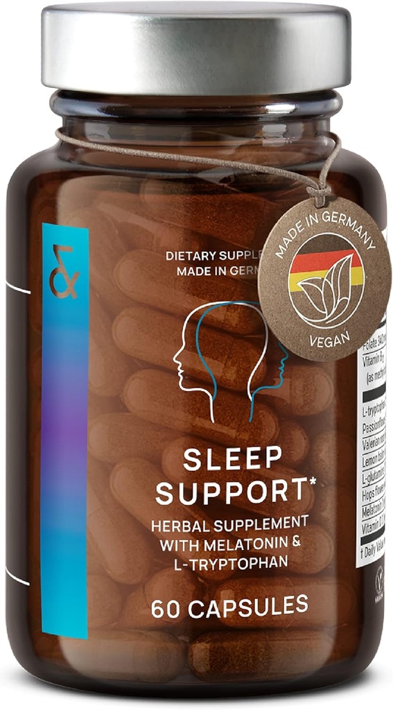 Natursömnstöd med Melatonin 1 mg & L-Tryptophan - Passionflower, Valerian Root & More - Förbättrad sömntillägg - 60 kapslar för Restful Nights