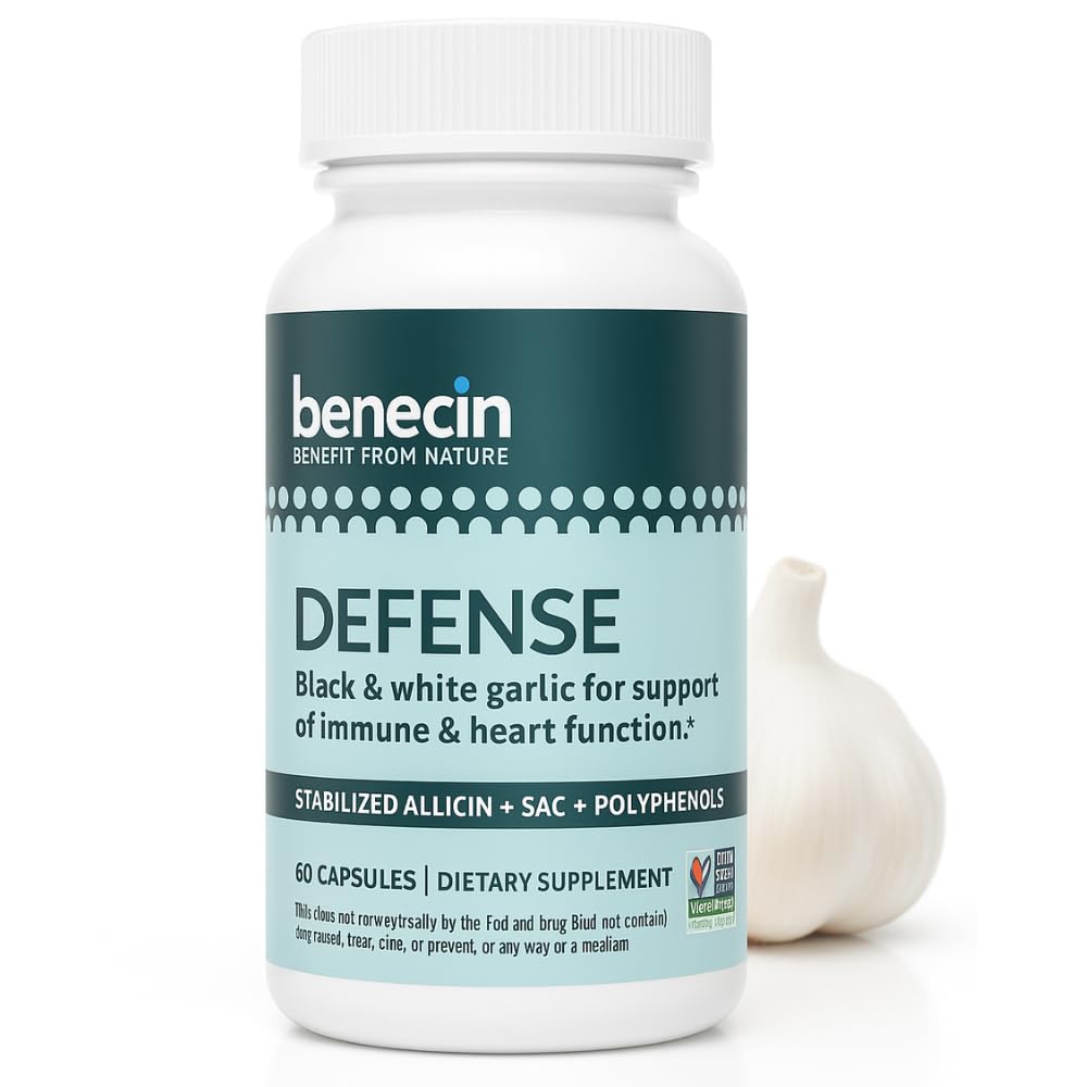 Benecin försvar 1500 mcg stabiliserad allicin per kapsel | Plus höga mängder av SAC & polyfenoler från svart vitlök | Kraftfullt stöd av Immune & Heart Function Vegetarian Caps (1 greve av 60)