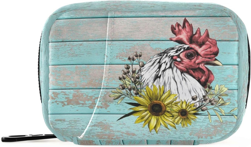 Pill Box Wooden Rooster Sunflower Pill Box 7 Day Pill Case Bag Travel Pill Organizer Bag med Zipper Portable Weekly Case Compact Size för Vitamin Supplement Holder