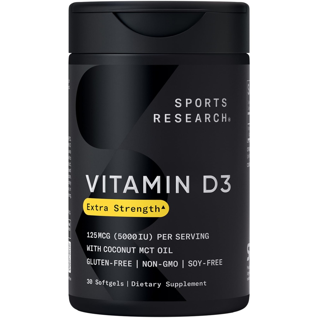 Sports Research Vitamin D3 5000 IE med Coconut MCT Oil - High Potency Vitamin D Supplement för Immune & Bone Support - Non-GMO Verified, Gluten & Soy Free - 125mcg, 30 Liquid Softgels