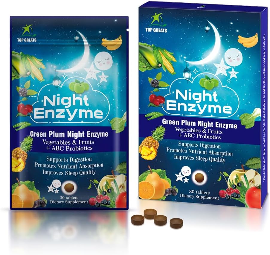 Night Enzyme, Daily Multi Digestive Enzymes, Green Plum Fruit och grönsaker med probiotika, lindring, bättre sömnkvalitet, för män och kvinnor, främja Digestive Health- 30 tabletter