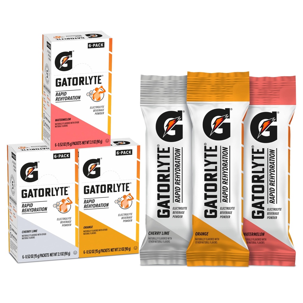 Gatorlyte Rapid Rehydration Electrolyte Beverage, Variety Pack, Lower Sugar, Specialized Blend of 5 Electrolytes, No Artificial Sweeteners eller Flavors, 18 pack, 1 pack blandningar med 16.9oz (500ml) vatten