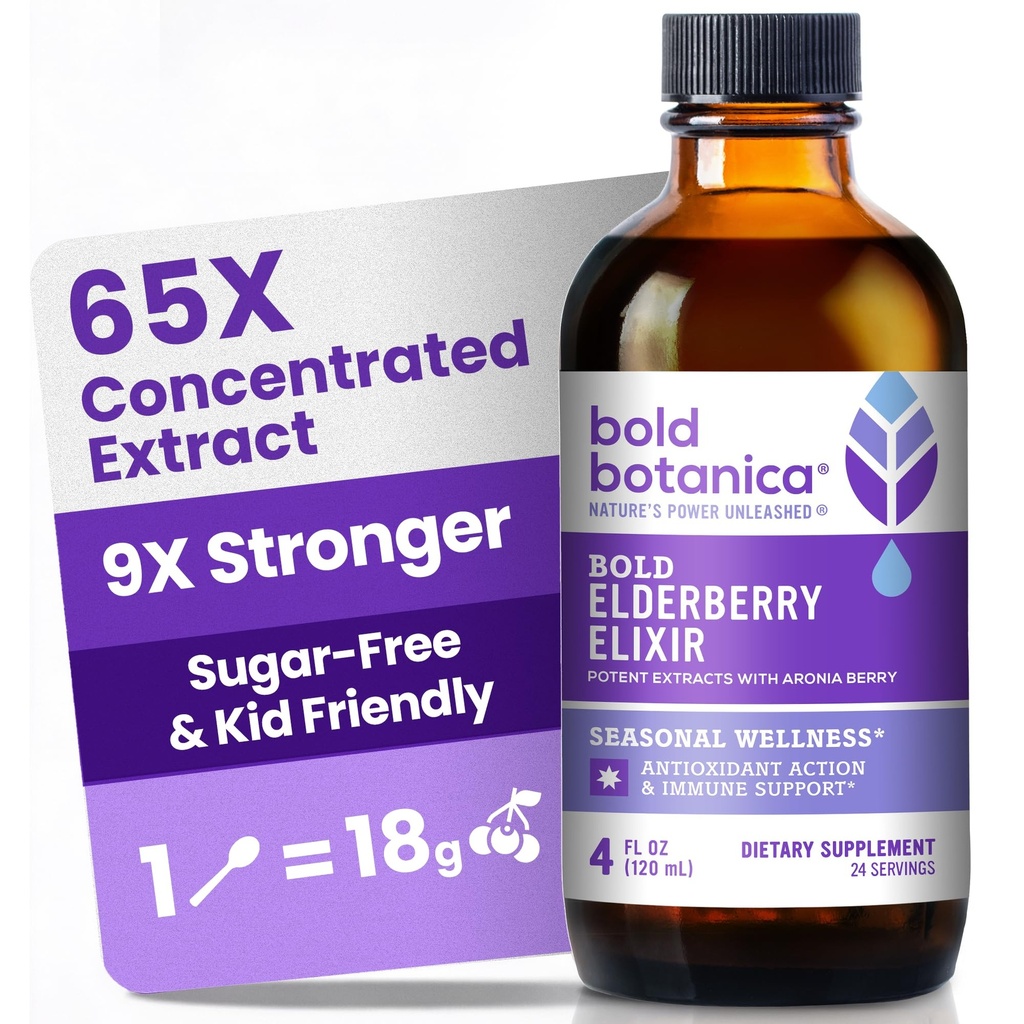 Bold Botanica Elderberry Elixir - 65x Concentrated Extract - Sugar-Free - Kid Friendly - Black Elderberry Syrup med Aronia Berry för immunstöd - 4 Fl. Oz.